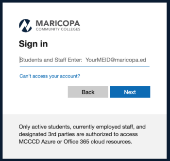 Maricopa Community Colleges login screenshot
