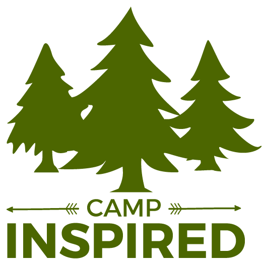 Three evergreen trees with camp inspired text.