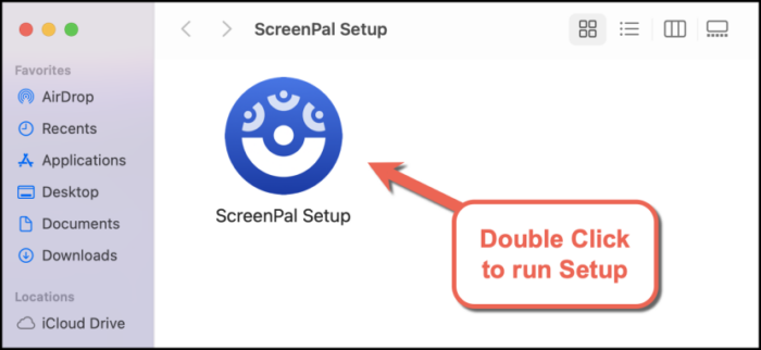 macOS installer window reveals a ScreenPal Setup icon. Double click to run the installation process.