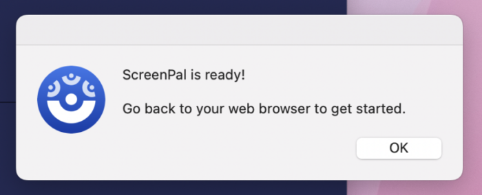 A dialog window that says ScreenPal is ready for use 