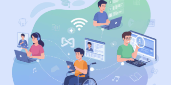 A graphic illustrating 'Online Learning & Accessibility' with the text 'TITLE II CHANGES - APRIL 2026' and 'FACULTY GUIDELINES FOR DIGITAL CONTENT'. The image shows a diverse group of students learning online using various devices—laptops, a desktop computer, and a tablet. One student is seated in a wheelchair, actively participating in the learning environment, signifying inclusivity and compliance with accessibility standards. The elements are connected by dashed lines and Wi-Fi symbols, all set against a flowing, educational-themed background with icons like books, musical notes, and graduation caps.