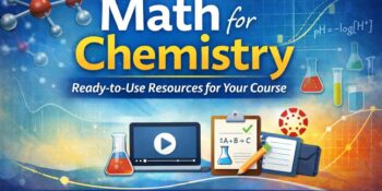 Math for Chemistry banner with math formulas, chemistry lab imagery, and instructional resource icons.