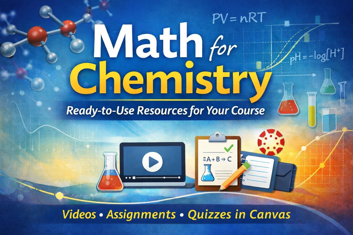 Math for Chemistry banner with math formulas, chemistry lab imagery, and instructional resource icons.